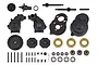Element RC Stealth X transmission gearbox parts set including plastic housing, gears, shafts, bearings, and screws on a white background.