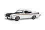 A white 1970 Buick GSX model car with black hood stripes and orange pinstriping, shown from a front three-quarter angle against a white background.
