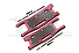 Two red anodized aluminium RC rear lower suspension arms with carbon fibre protection plates and included screws on a white background.