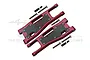Two red anodized aluminium RC front lower suspension arms with carbon fibre plates and included mounting hardware.