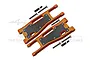 A pair of orange anodized aluminium front lower suspension arms with carbon fibre plates and mounting hardware for an RC car.