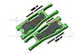 A pair of green anodized aluminium RC front lower suspension arms with carbon fibre protection plates and included mounting screws.