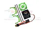 GPM Racing green aluminium motor heat sink components, cooling fan, and mounting hardware on a white background.