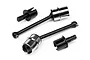HPI E10 universal drive shaft set including two metal drive shafts and two black wheel hex adapters on a white background.
