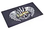 A rectangular GPM Racing pit mat featuring a dark, textured background with a large central logo of wings, skeletal fingers, and gold GPM Racing text.