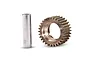 A hardened steel 30T idler gear and its corresponding metal shaft for a Traxxas RC vehicle.