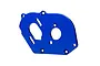 A blue anodized aluminium motor plate for Traxxas RC vehicles, shown against a plain white background.