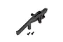 A black plastic Traxxas front chassis brace component with two small black screws positioned below it against a white background.