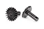 Two black metal differential output gears for Traxxas RC vehicles, shown from different angles on a white background.