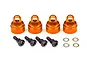 Four orange anodized aluminium shock caps for Traxxas RC cars, arranged with four mounting screws and four washers on a white background.