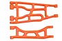 Two bright orange RPM RC suspension arms, one large A-arm and one smaller arm, isolated on a white background.