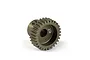 A bronze-coloured metal 29-tooth pinion gear for RC cars, featuring a set screw hole and the number 29 printed on the side.