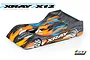 XRAY X12 1/12 scale RC pan car with a custom painted grey, orange, and blue body shell, featuring the XRAY logo on the side, on a white background.