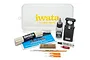 Iwata Airbrush Cleaning Kit containing various cleaning tools, brushes, lubricant, thread sealer, and a magnifying glass in a plastic case.