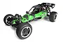 A studio shot of an HPI Baja 5B Flux 1/5 scale electric RC buggy in green and black, featuring a roll cage, off-road tires, and rear wing.