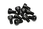 A pile of ten black metal cap head screws with fine threads, isolated on a white background.