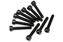 A group of ten black metal cap head screws with fine threads, arranged on a white background.
