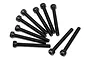 A set of ten black metal cap head screws with fine threads arranged on a white background.