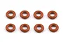 Eight small red silicone O-rings arranged in two rows of four on a white background.