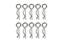 Ten silver-coloured metal RC body clips arranged in two rows of five against a white background.