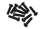 A collection of ten black metal button head screws with hex drive sockets arranged on a white background.