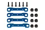 Team Associated blue aluminium arm mount set for RC cars, including four blue metal mounts, six black screws, and eight black plastic inserts.