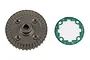 A Team Associated 37T ring gear and a green paper differential gasket isolated on a white background.