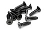 A small pile of ten black metal countersunk screws with hex heads, designed for RC hobby use.