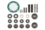 Team Associated Rival MT10 differential rebuild kit containing various metal gears, pins, washers, and a green gasket on a white background.