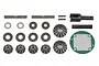 A collection of metal and plastic differential rebuild parts for the Team Associated Rival MT10, including gears, shafts, washers, and a gasket.