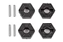 Four black plastic 12mm wheel hexes and four silver metal axle pins arranged on a white background.