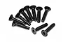 A group of ten black metal countersunk head screws with coarse threads and hexagonal drive sockets, arranged on a white background.