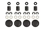 A set of RC shock rebuild components including rubber O-rings, spacers, E-clips, and shock diaphragms arranged in four rows against a white background.