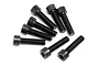 A group of eight black metal cap head screws with fine threading arranged on a white background.