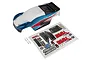 Team Associated 1/10 MT10 pre-painted body shell in red, white, and blue, including a decal sheet and four body clips on a white background.