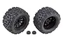 Two Team Associated Rival MT10 monster truck wheels with black Method rims and two matching center caps on a white background.