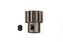 A metallic 12-tooth pinion gear for RC cars, shown with a small black grub screw on a white background.