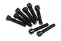 A set of eight black metal cap head screws with fine threads arranged on a white background.