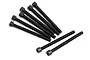 A set of eight black metal cap head screws with fine threads arranged on a white background.