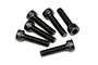 A set of six black metal cap head screws with fine threads, arranged on a white background.