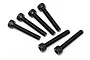 A set of six black metal cap head screws arranged on a white background.