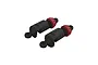 Two ARRMA RC shock absorbers with black bodies and red adjustment collars against a white background.