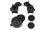 A set of black plastic Stealth X gearbox case components for an Element RC vehicle, including two main housing halves, a cover, and two small circular plates.