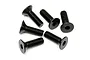 A set of six black metal countersunk hex head screws arranged on a white background.