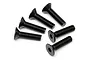 A set of six black metal countersunk head screws with hex drive sockets arranged on a white background.
