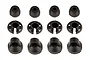 A set of twelve black plastic RC shock absorber components, including spring retainers and shock caps, arranged in three rows on a white background.