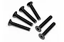 Six black metal countersunk head screws with hex drive sockets arranged on a white background.