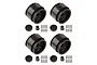 Four black 1.9-inch RC crawler beadlock rims with matching center hubs and sets of mounting screws arranged on a white background.