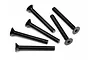 Six black metal countersunk head screws with hex drive sockets arranged on a white background.