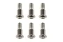 Six silver-colored metal shoulder screws with hex drive heads arranged in two rows of three against a white background.